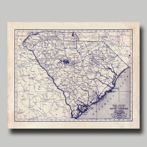 South Carolina - State Map - Blueprint - Vintage - Print - Poster - Grunge