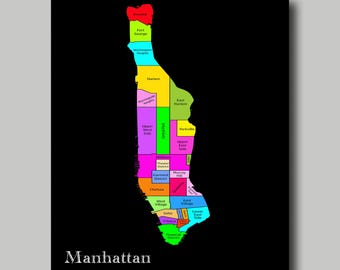 New York City Map Manhattan Multi Color Neighborhood Map New York Print Poster