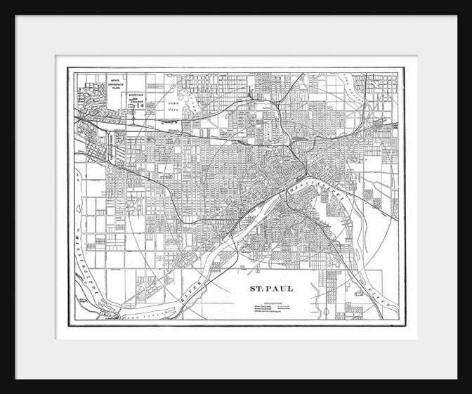 St Paul - Minnesota - Map - B&W - Vintage Print Poster