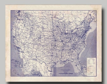 United States - USA - Map - Blueprint - Vintage - Poster - Print - Vintage