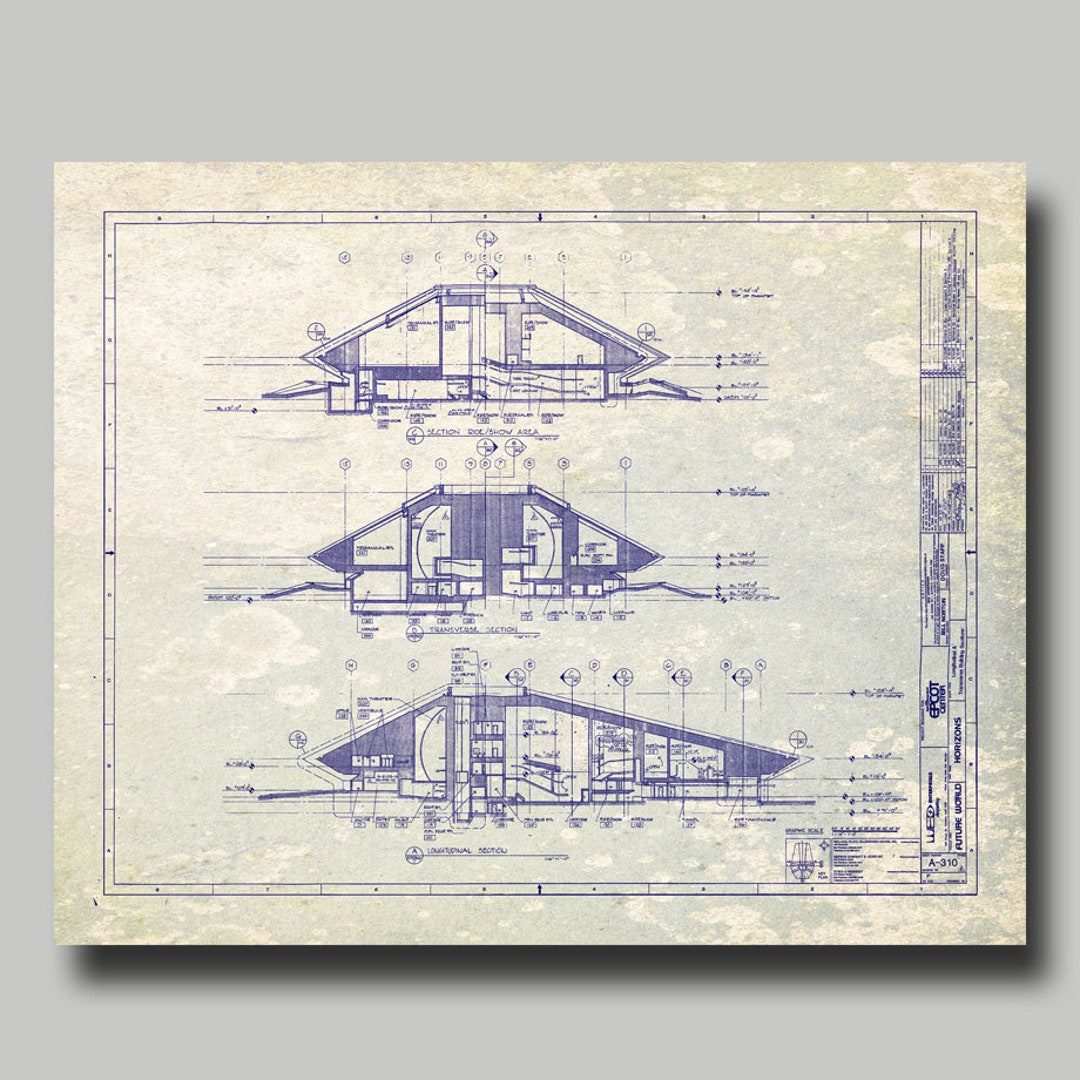 Disney World - Epcot - Blueprint - Vintage - Gray - Blue Ink - Print ...