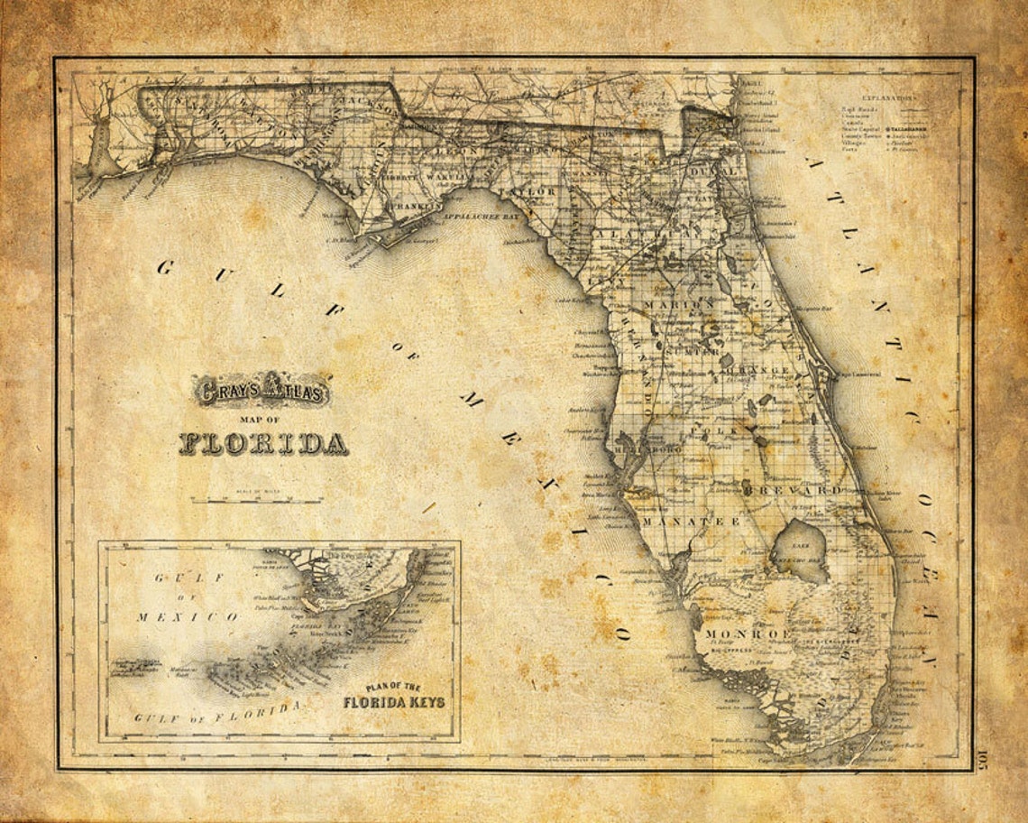 Florida Map Vintage Print Poster Grunge Etsy