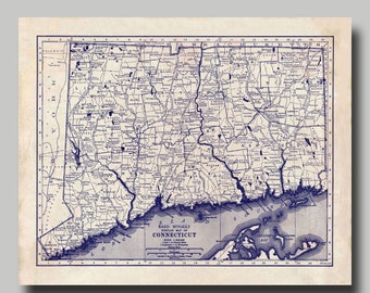 Connecticut -  Map - State Map - Vintage - Blueprint - Print Poster