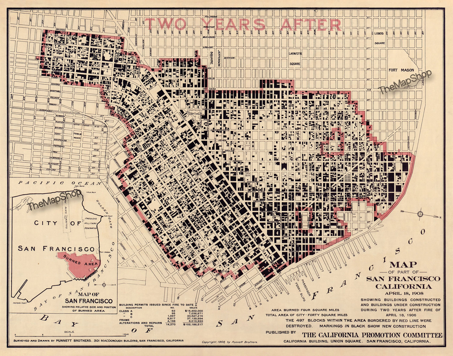 1904年 San Francisco ブローチCalifornia 西海岸 San Francisco Earthquake Fire Map Vintage Print Poster - Etsy