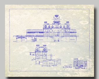 Disney World - Train Station - Blueprint -  Disney - Disneyland - Gray - Grunge - Blue Ink- Print - Poster