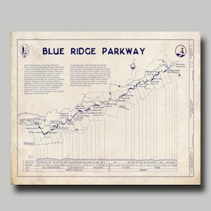 Blue Ridge Parkway - Mountains - Blueprint -  Highway  - Map  - Print  - Poster - Grunge