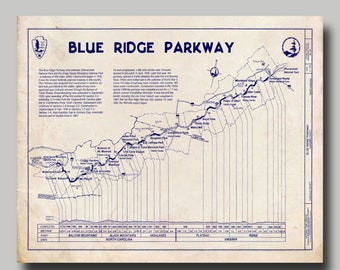 Blue Ridge Parkway - Mountains - Blueprint -  Highway  - Map  - Print  - Poster - Grunge