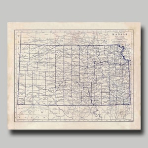 Kansas -  Map - State Map - Vintage - Blueprint - Print Poster
