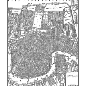 New Orleans Street Map Vintage Print Poster Back & White
