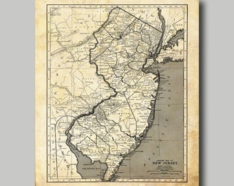 New Jersey -  Map - State Map - Vintage - Sepia - Print - Poster