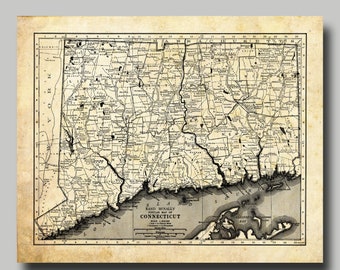 Connecticut -  Map - State Map - Vintage - Sepia - Print Poster
