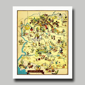 May include: A vintage map of Arizona with cartoon illustrations of landmarks and figures. The map is in a rectangular frame with a white border. The map features a yellow background with brown and green details, and the word "Arizona" is written in a banner.