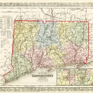 1859 Map Of Connecticut Vintage 16x20 Print Poster