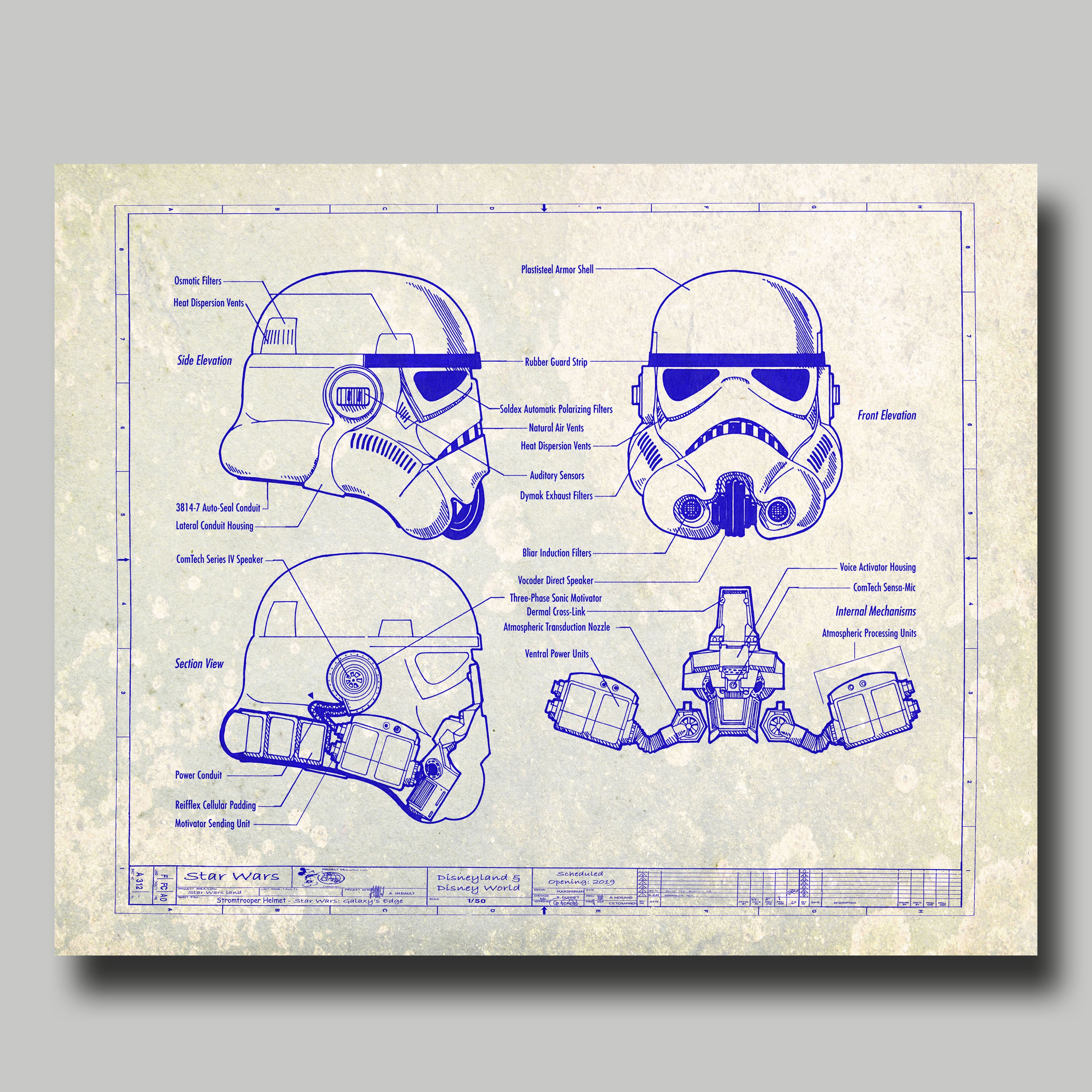 Star Wars - Helmet - Darth Vader - Blueprint - Disney World - Disneyland - Gray - Star Wars Land - Galaxy's Edge - Patent - Blue