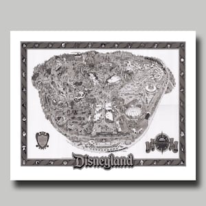 May include: A black and white map of Disneyland, featuring detailed illustrations of the park's attractions. The map is framed with a decorative border and the word "Disneyland" is prominently displayed at the bottom.