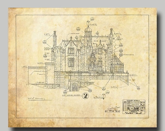 Disney World - Haunted Mansion - Blueprint -  Disney - Disneyland - Vintage - Black Ink - Sepia- Print - Poster