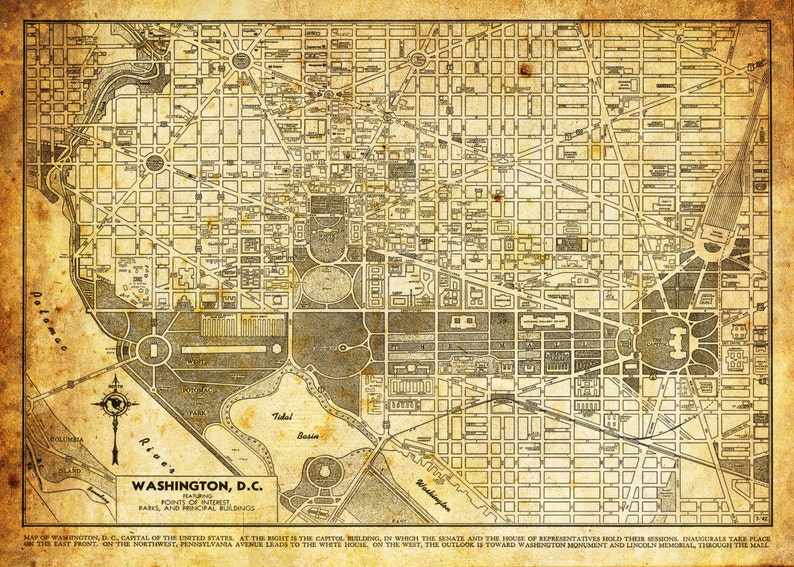 Washington DC Map Street Map Vintage Sepia Grunge Print Poster image 1