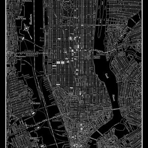 New York - Manhattan - Street Map - Vintage - Black  - Print - Poster