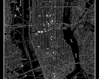 New York - Manhattan - Street Map - Vintage - Black  - Print - Poster