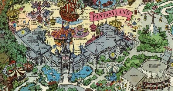Disneyland Map - Disney Map - Vintage - 1958 - Panoramic - Birds