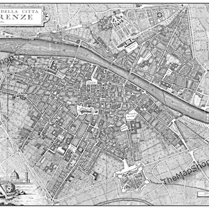 Vintage Florence Italy Street Map  Black and White Print Poster