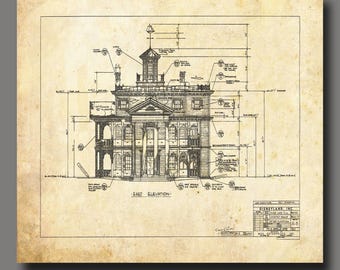 May include: Architectural blueprint of a stately building, labeled "East Elevation." The drawing is in black ink on aged parchment paper, featuring detailed measurements and annotations. The building has a classical design with columns, windows, and a central tower.