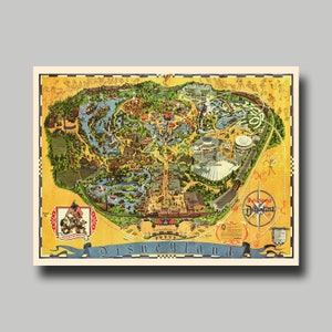 May include: A vintage map of Disneyland, featuring a detailed illustration of the park's layout, including attractions, rides, and landmarks. The map is set against a yellow background with a blue border and the text "Walt Disney's Disneyland" in the lower right corner.