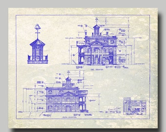 May include: Blueprints of a haunted mansion with detailed measurements and annotations. The blueprints show the front and side elevations of the building, as well as a separate drawing of the building's cupola. The text "Walt Disney" is visible in the lower right corner of the image.