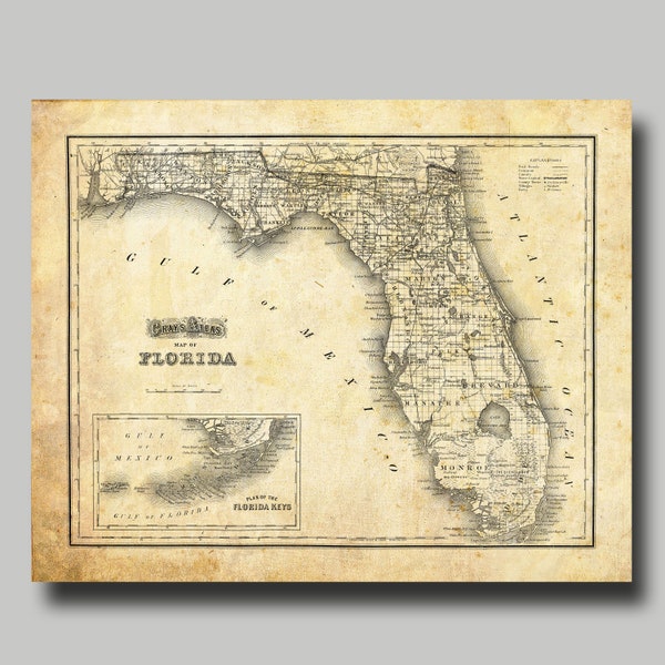 Florida - Map - Vintage - Print - Poster - Grunge