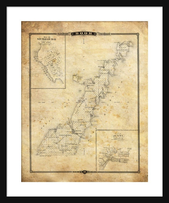 Door County Wisconsin Map Print Poster Sturgeon Bay Sepia Grunge