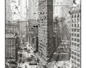 New York - Map - Flat Iron Building - Manhattan - Vintage - Print - Poster