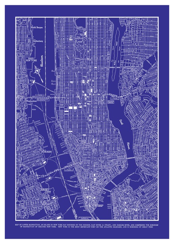 New York City Map Manhattan Street Map Vintage Blueprint Etsy