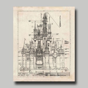 Disney World - Castle - Blueprint - Disney - Cinderella - Sleeping Beauty - Fantasyland - Black Ink - Grunge- Print - Poster