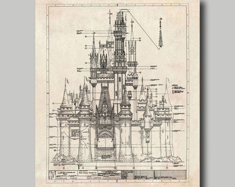 Disney World - Castle - Blueprint - Disney - Cinderella - Sleeping Beauty - Fantasyland - Black Ink - Grunge- Print - Poster