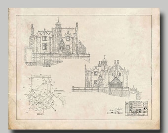 May include: Black and white architectural blueprint of the Haunted Mansion at Walt Disney World. The blueprint includes a front elevation, side elevation, and floor plan. The text on the blueprint reads "Disney World" and "Haunted Mansion".