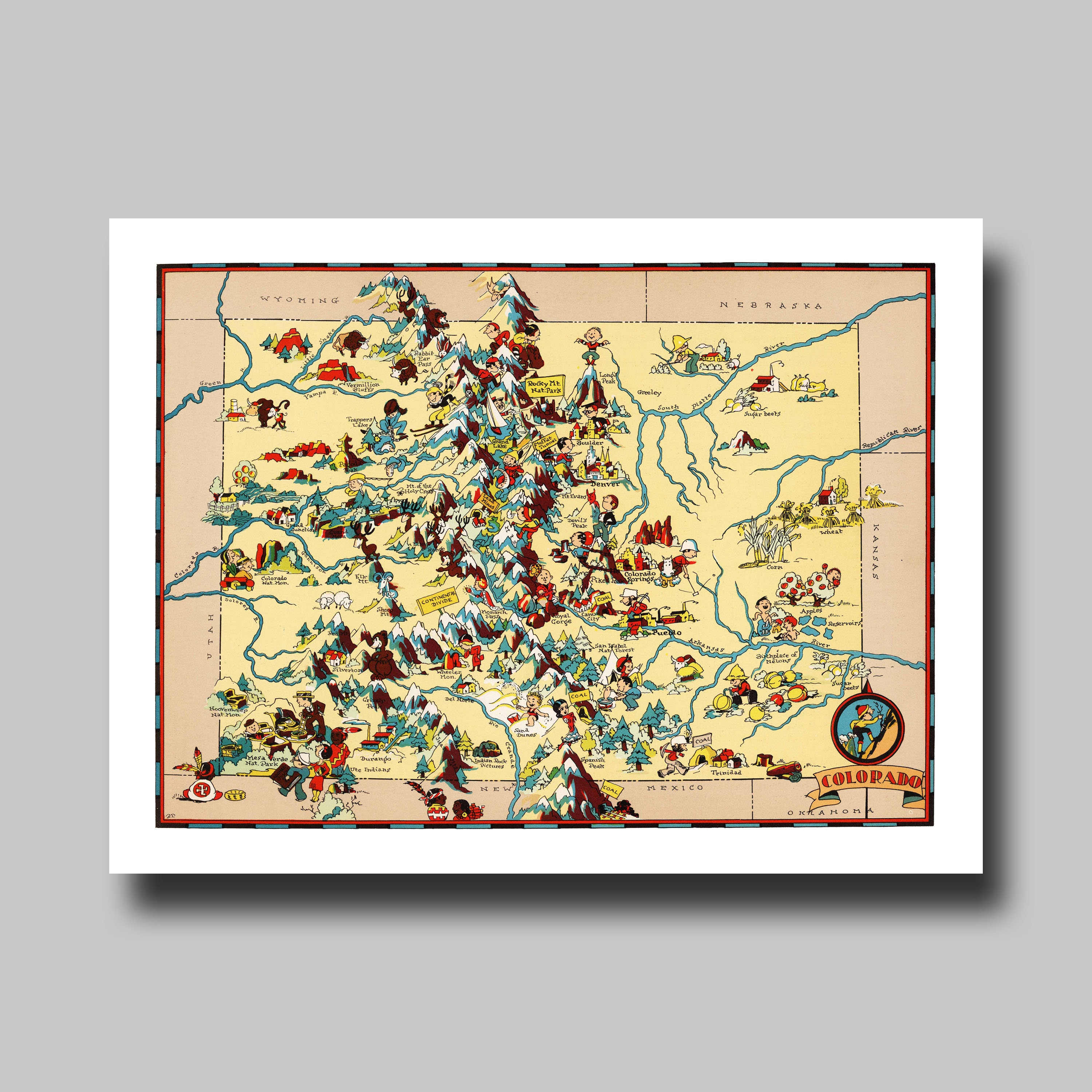 Colorado - Map - Vintage - Print - Poster - Cartoon - Panoramic - Pictorial  - Etsy, image size:3000x3000