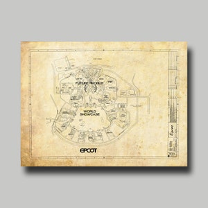 Disney World - Epcot - Blueprint - Map - Vintage - Sepia - Black Ink- Print - Poster - Disney