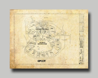 Disney World - Epcot - Blueprint - Map - Vintage - Sepia - Black Ink- Print - Poster - Disney