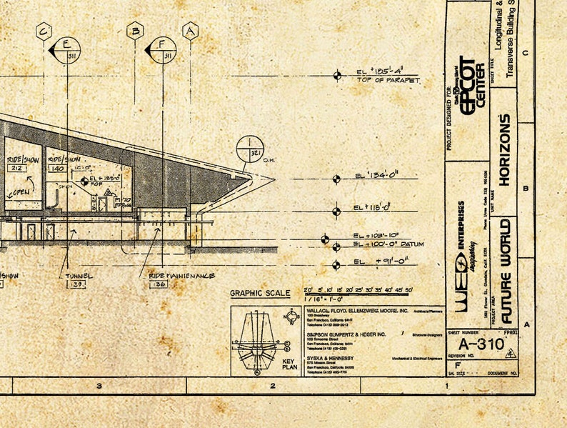 Disney World - Epcot - Blueprint - Vintage - Sepia - Black Ink - Print ...