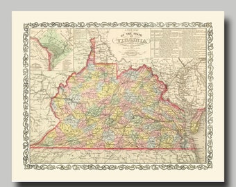 Peut inclure: Une carte vintage de l'état de Virginie, montrant ses comtés et ses principales villes. La carte est imprimée dans des tons de rose, jaune et vert, avec une bordure rouge. La carte est entourée d'une bordure décorative.