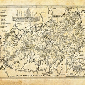 Great Smokey Mountains - National Park - Smokey Mountains - Map  -Print  -Poster - Sepia