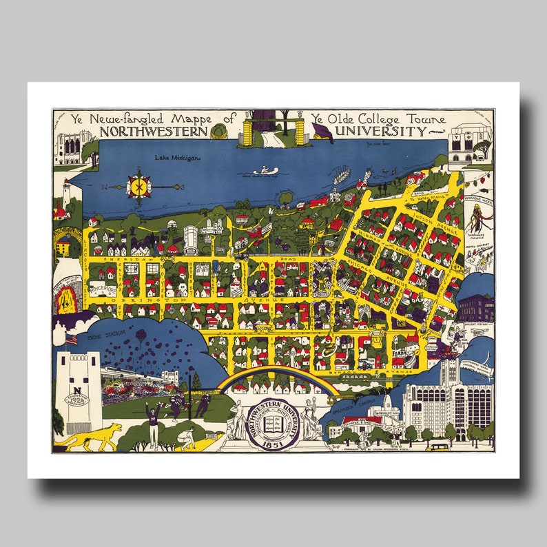 Northwestern University Map Vintage Print Poster Etsy