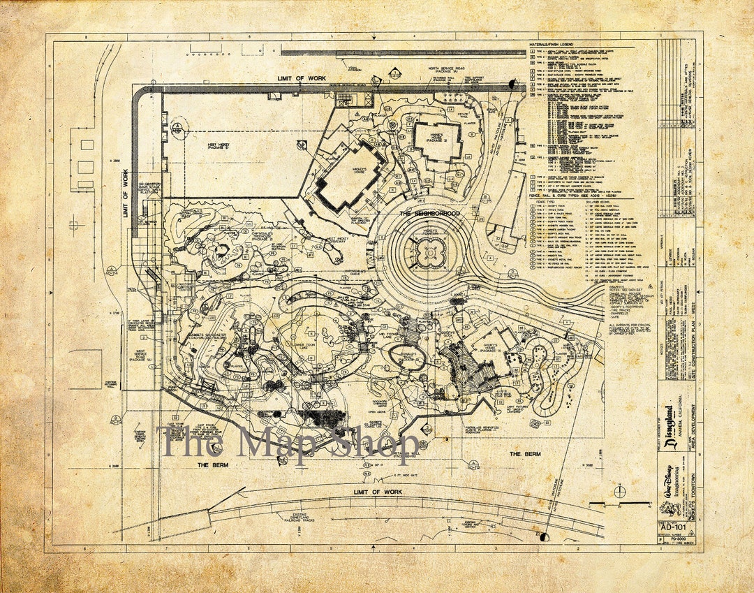 Toontown Layout Disneyland - Toontown - Blueprint - Map - Vintage - Sepia - Black Ink ...