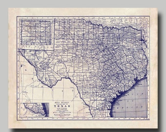 Texas - State Map - Vintage - Print - Poster - Blueprint