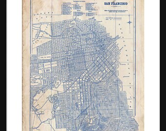 San Francisco Map - Street Map - Vintage - Blueprint  - Grunge - Print  -Poster