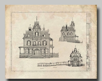 May include: Black and white architectural blueprint of a Victorian style house with a large front porch and multiple gables. The blueprint includes three different views of the house, including the front, side, and back.