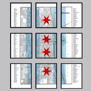 May include: Nine framed prints featuring Chicago city maps and the Chicago flag. The maps are in black and white with a light blue water feature. The Chicago flag has red stars on a white background with blue stripes. Each print is in a black frame.