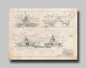 Disney Tiki Room - Blueprint - Disneyland - Fantasyland - Vintage - Grunge - Black Ink- Print - Poster