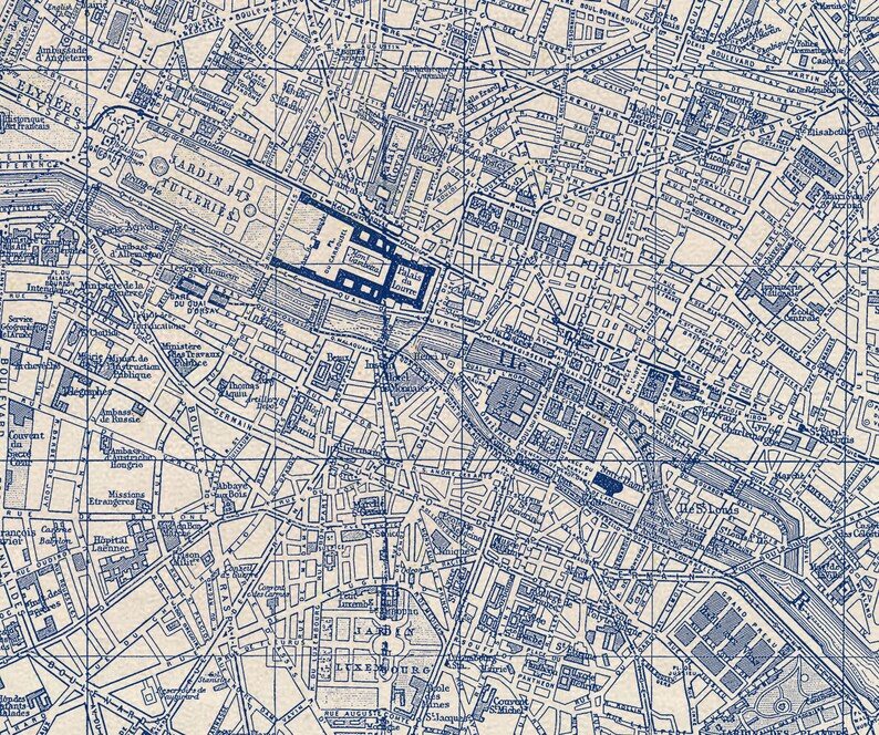 Paris - Map - Street Map - Blue - Blueprint - Poster - Print - Etsy