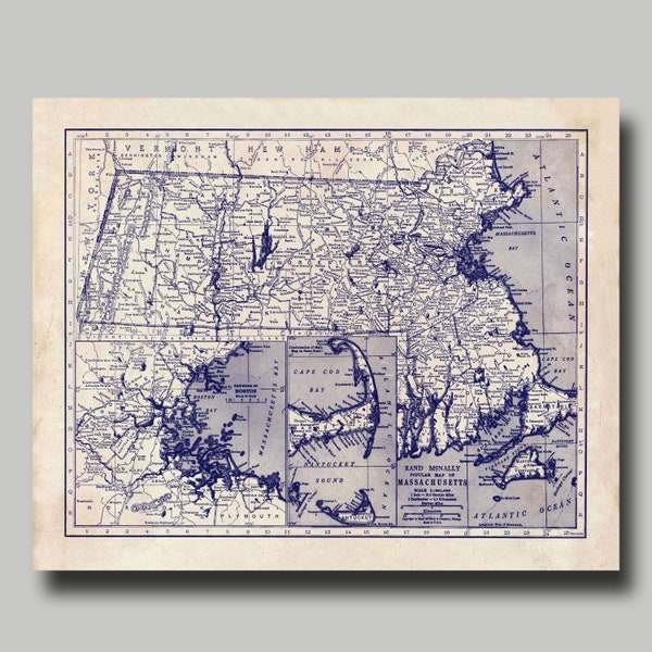 Massachusetts -  Map - State Map - Vintage - Blueprint - Print Poster